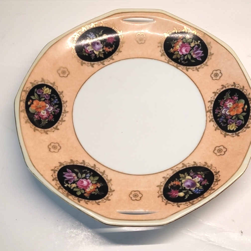Vintage RS Germany ipen handle gold, floral, peach and black cake platter